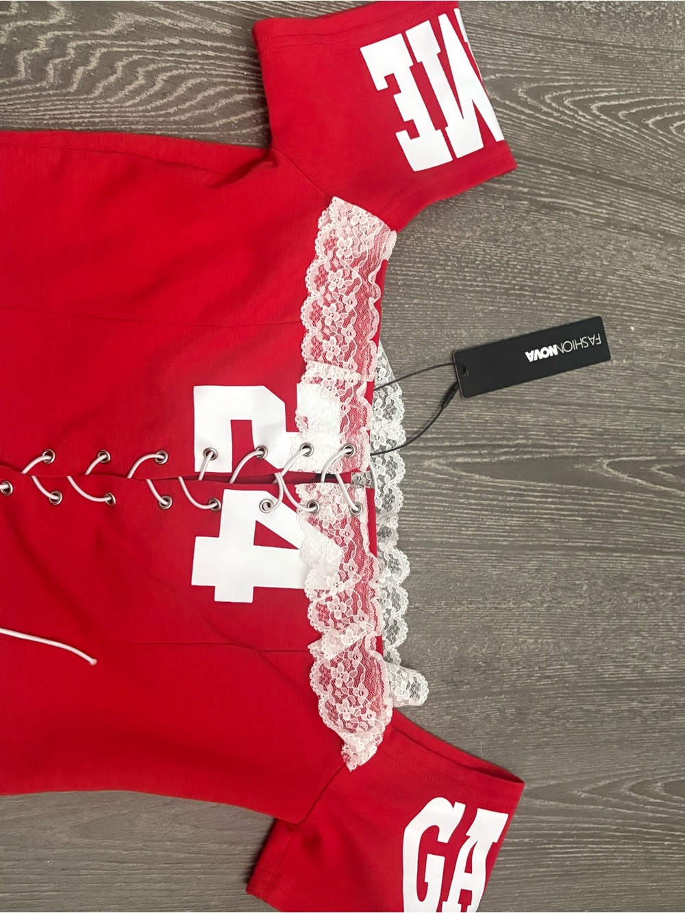 Fashion Nova Red Lace-Up Corset Top with White Graphic Accent